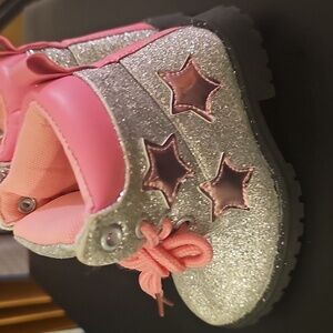 Pink Stars with Sparkly Silver Kids Boots with Pink Laces